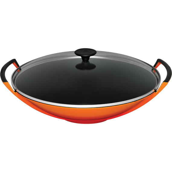 LE CREUSET Wok In Ghisa Vetrificata Con Coperchio Vetro 36cm, Colore: Arancio, Diametro: 36cm